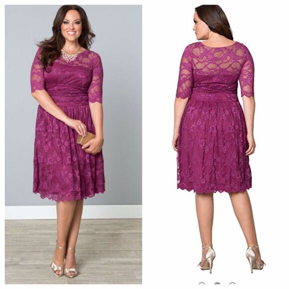 Kiyonna Dress Luna Lace Style 2X Pink Party Lined Feminine Colorful Fit + Flare - Picture 3 of 13